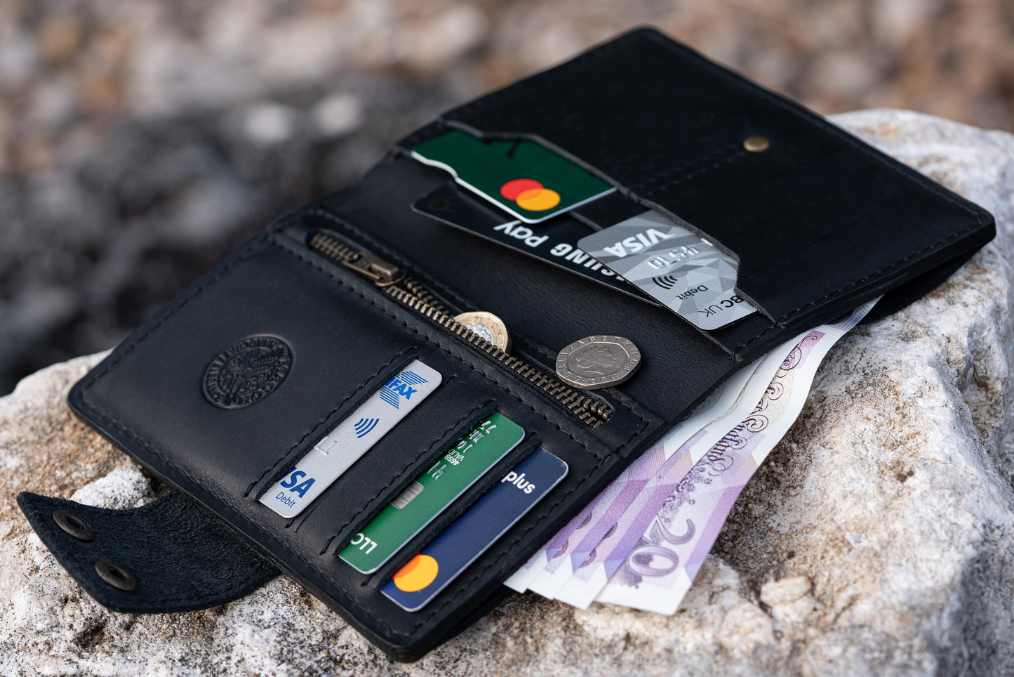 Leather Wallet with Zip Coin Pouch, Double Button Closure - Card & Cash Compartments