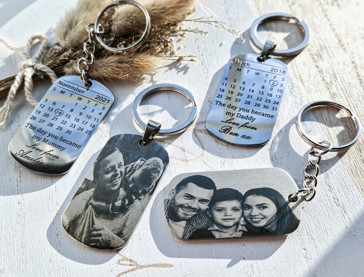 Engraved Photo and Calendar Keyring , Personalised Aniversary Gift, Keepsake for mum, husband, wife, granny and grandad